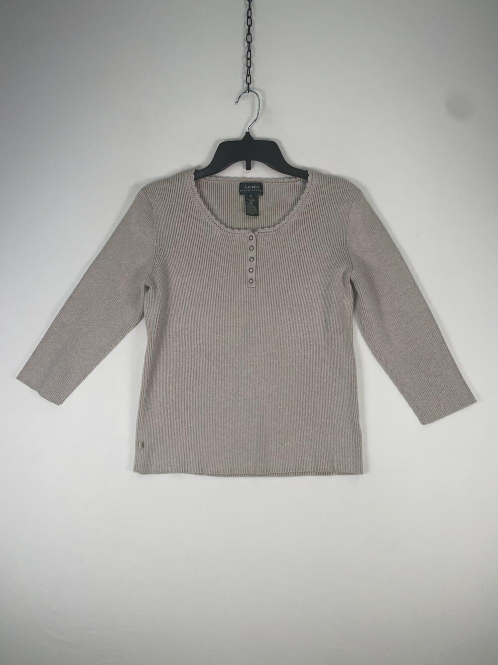 Lauren Ralph Lauren Sweater Womens XL Beige Henley Scoop Neck Knit Pullover Top
